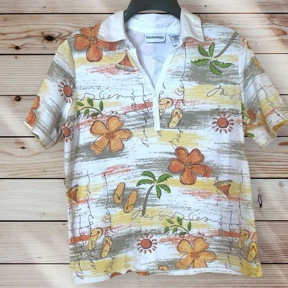 Breckenridge Resort Beach Flip Flop Print Short Cotton Blend Collared Shirt Sz M - Picture 1 of 3